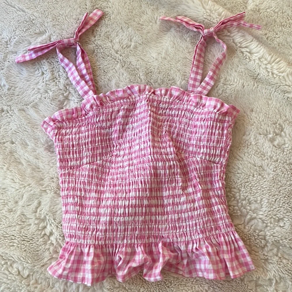 NWOT GUESS Women's Sleeveless Rihana Gingham Tank Top ruffle top with bows in XS - Picture 3 of 9